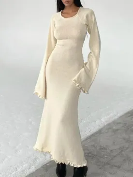 LANFUBEISI - Solid Color Fungus Backless Knit Maxi Dress