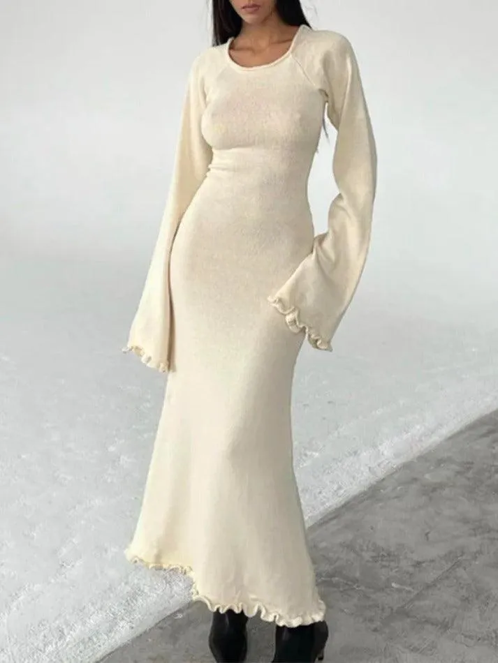 LANFUBEISI - Solid Color Fungus Backless Knit Maxi Dress