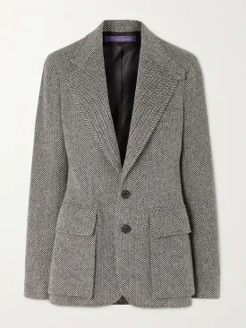 Leather-trimmed herringbone wool-blend tweed blazer