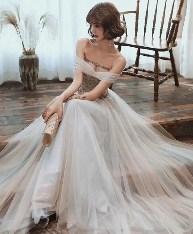 Light Gray Tulle Lace Long Prom Dress, Floor Length Off the Shoulder Formal Dresses UQ2579