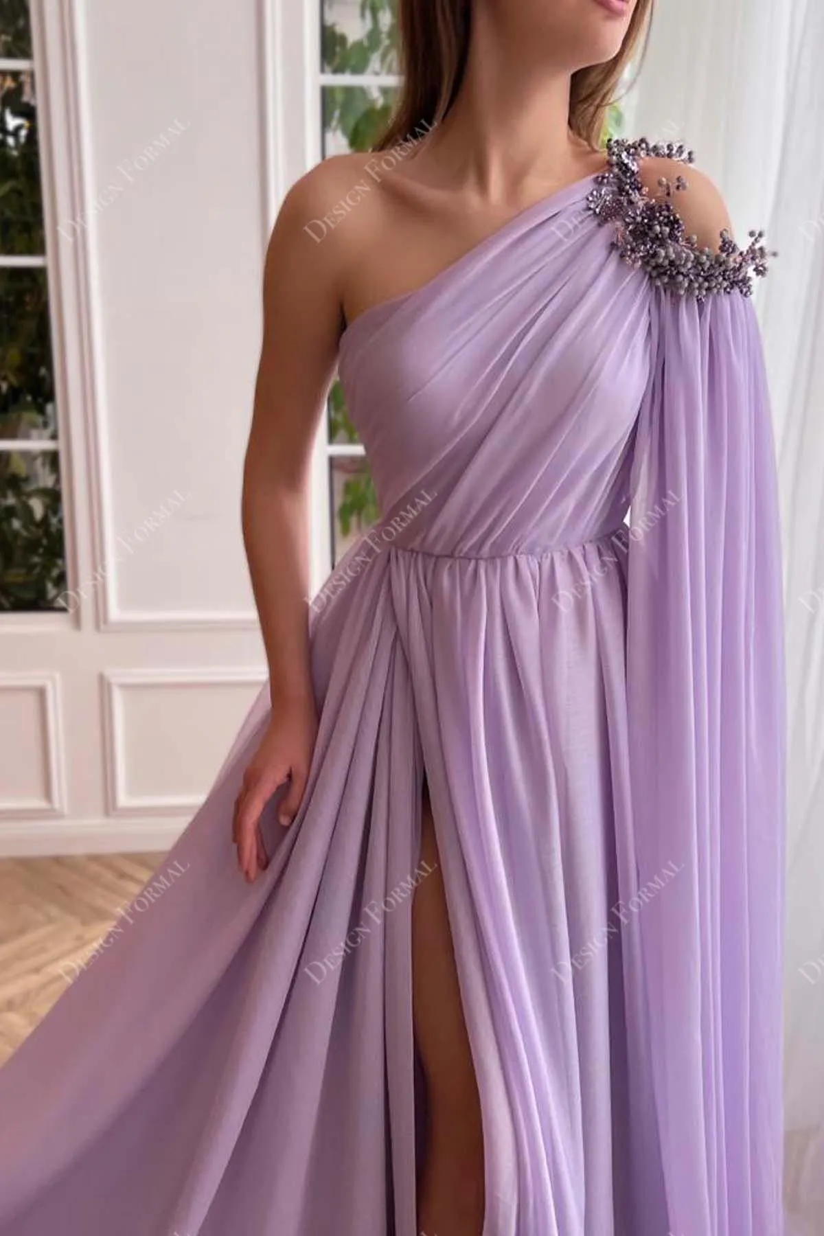 Lilac Chiffon Custom Cold One-Shoulder Slit A-line Formal Dress