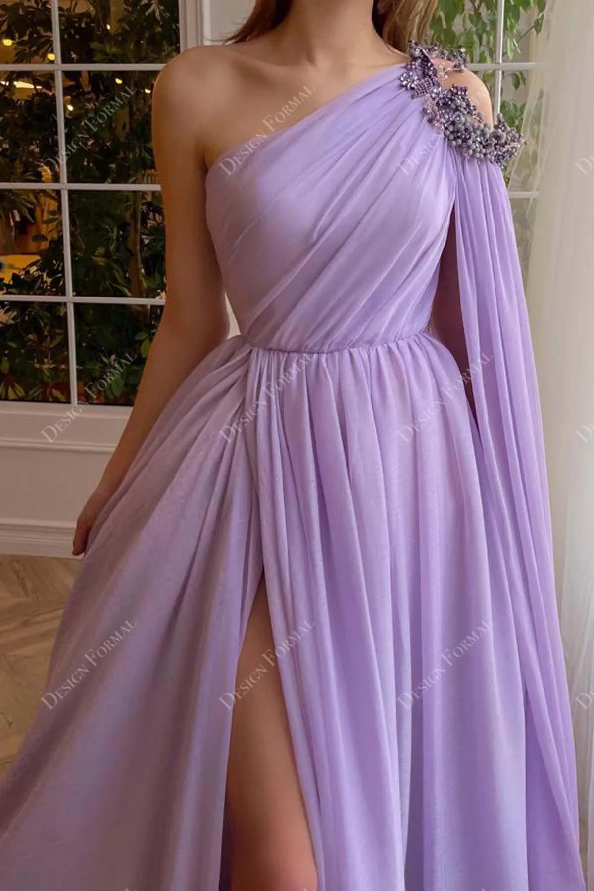 Lilac Chiffon Custom Cold One-Shoulder Slit A-line Formal Dress