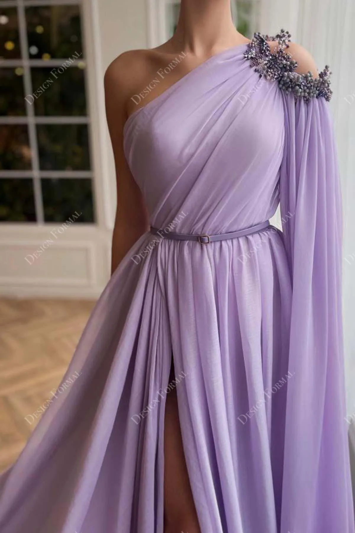 Lilac Chiffon Custom Cold One-Shoulder Slit A-line Formal Dress