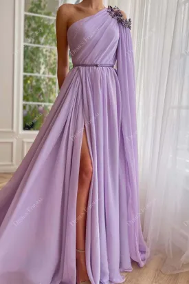 Lilac Chiffon Custom Cold One-Shoulder Slit A-line Formal Dress