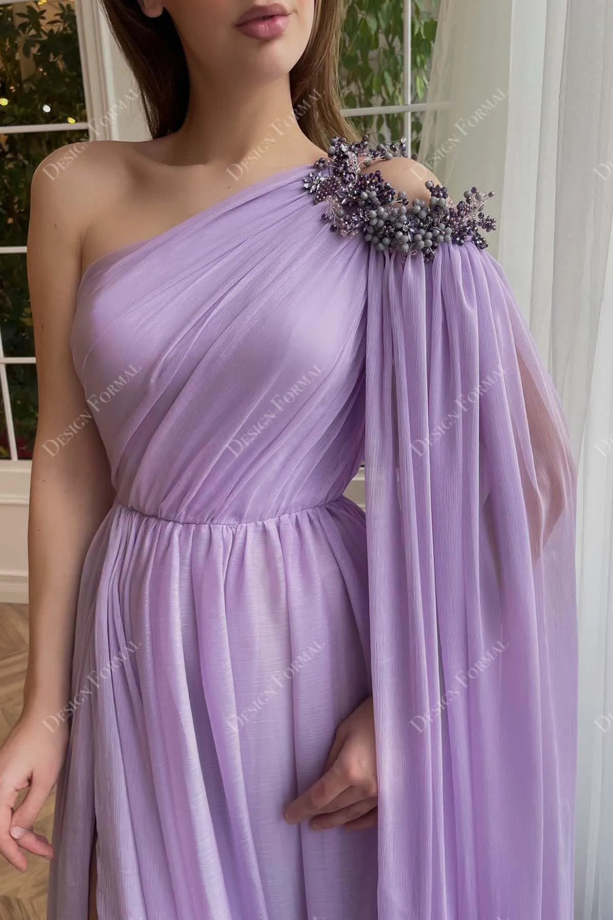Lilac Chiffon Custom Cold One-Shoulder Slit A-line Formal Dress