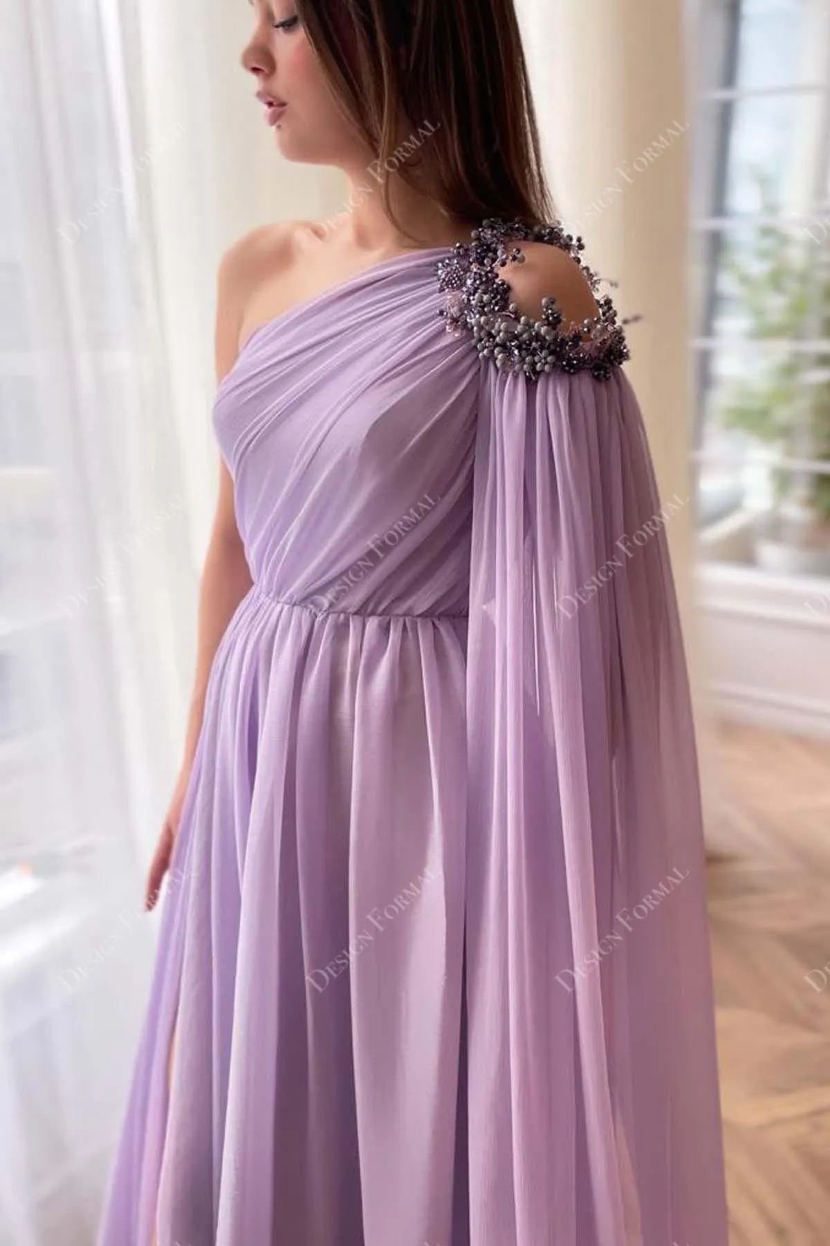 Lilac Chiffon Custom Cold One-Shoulder Slit A-line Formal Dress