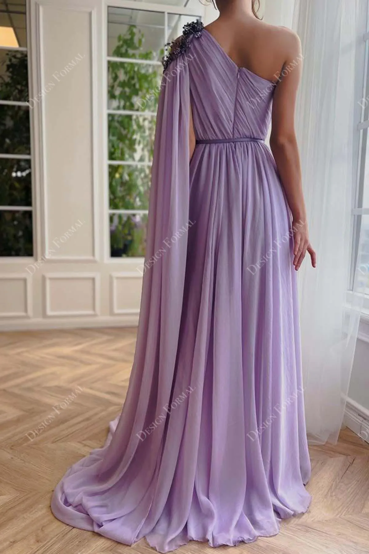 Lilac Chiffon Custom Cold One-Shoulder Slit A-line Formal Dress