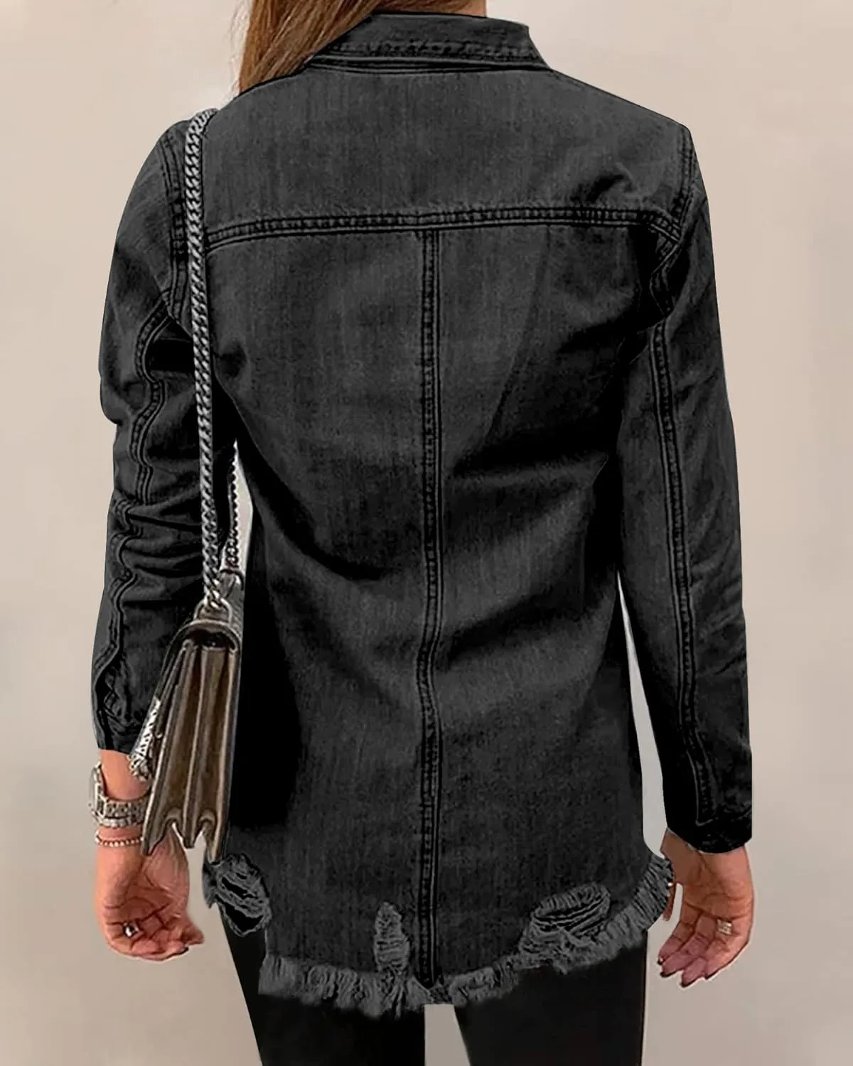 luvamia Womens Denim Jacket Distressed Button Down Jean Shirt For Women Ripped Shacket Coat