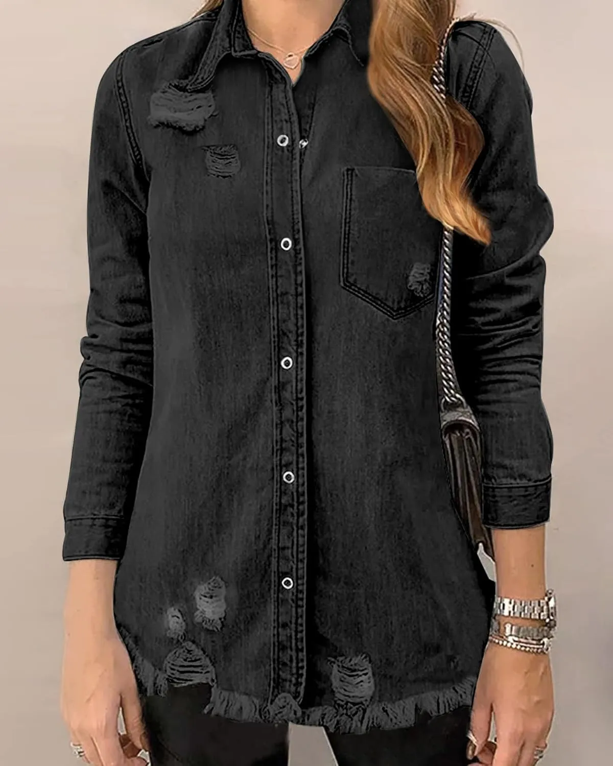 luvamia Womens Denim Jacket Distressed Button Down Jean Shirt For Women Ripped Shacket Coat