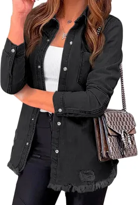 luvamia Womens Denim Jacket Distressed Button Down Jean Shirt For Women Ripped Shacket Coat