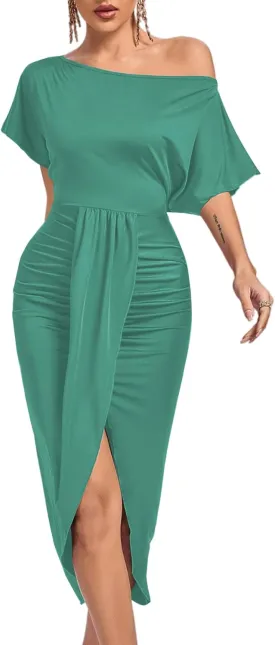 LYANER Women's One Off The Shoulder Ruched Wrap Front Split Hem Draped Party Midi Dress