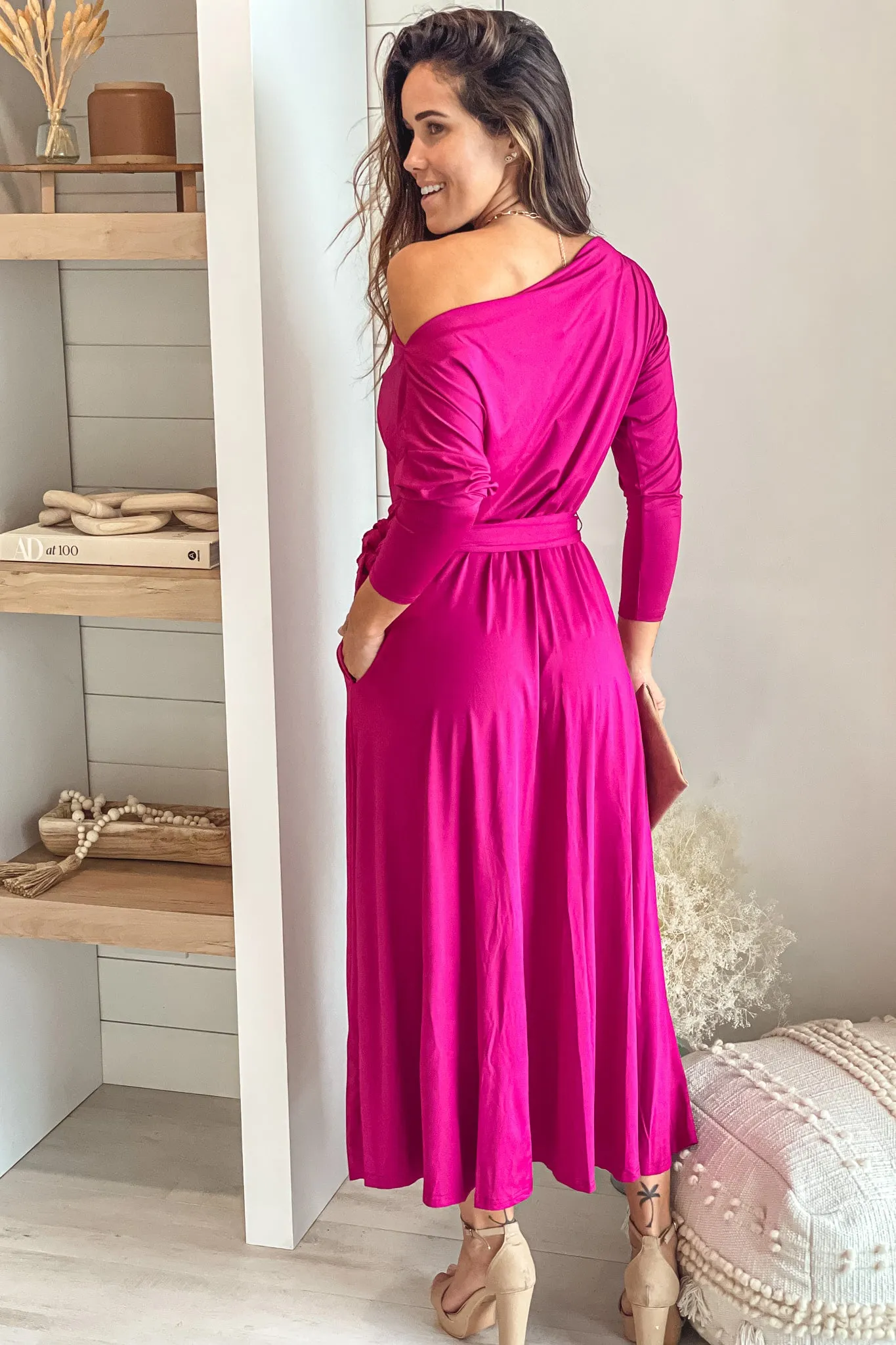 Magenta One Shoulder Midi Dress With Belt