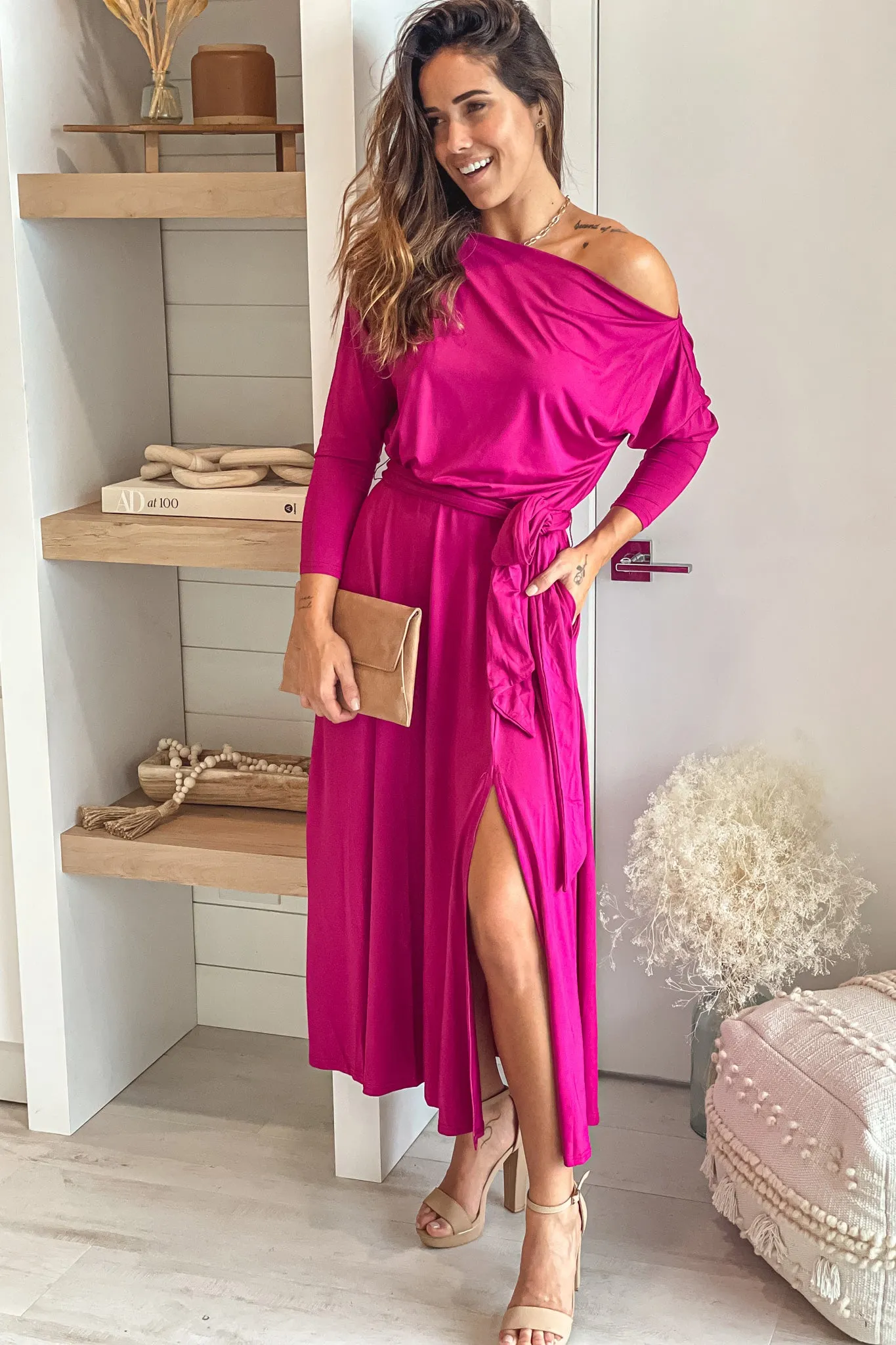 Magenta One Shoulder Midi Dress With Belt