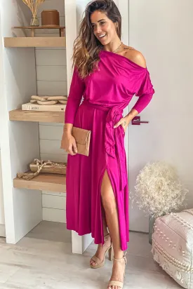 Magenta One Shoulder Midi Dress With Belt