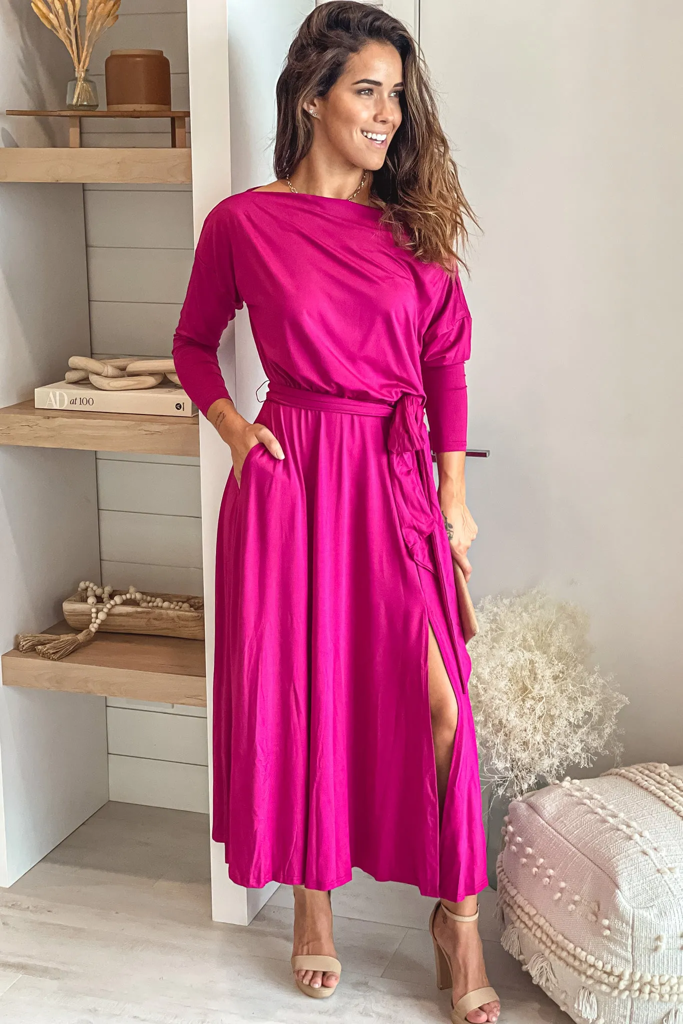Magenta One Shoulder Midi Dress With Belt