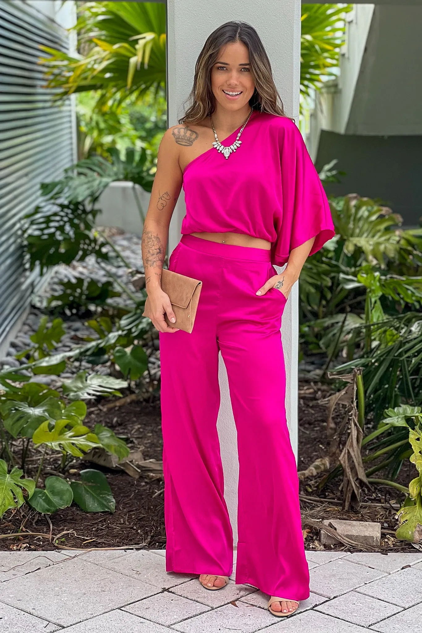 Magenta One Shoulder Satin Top And Pants Set