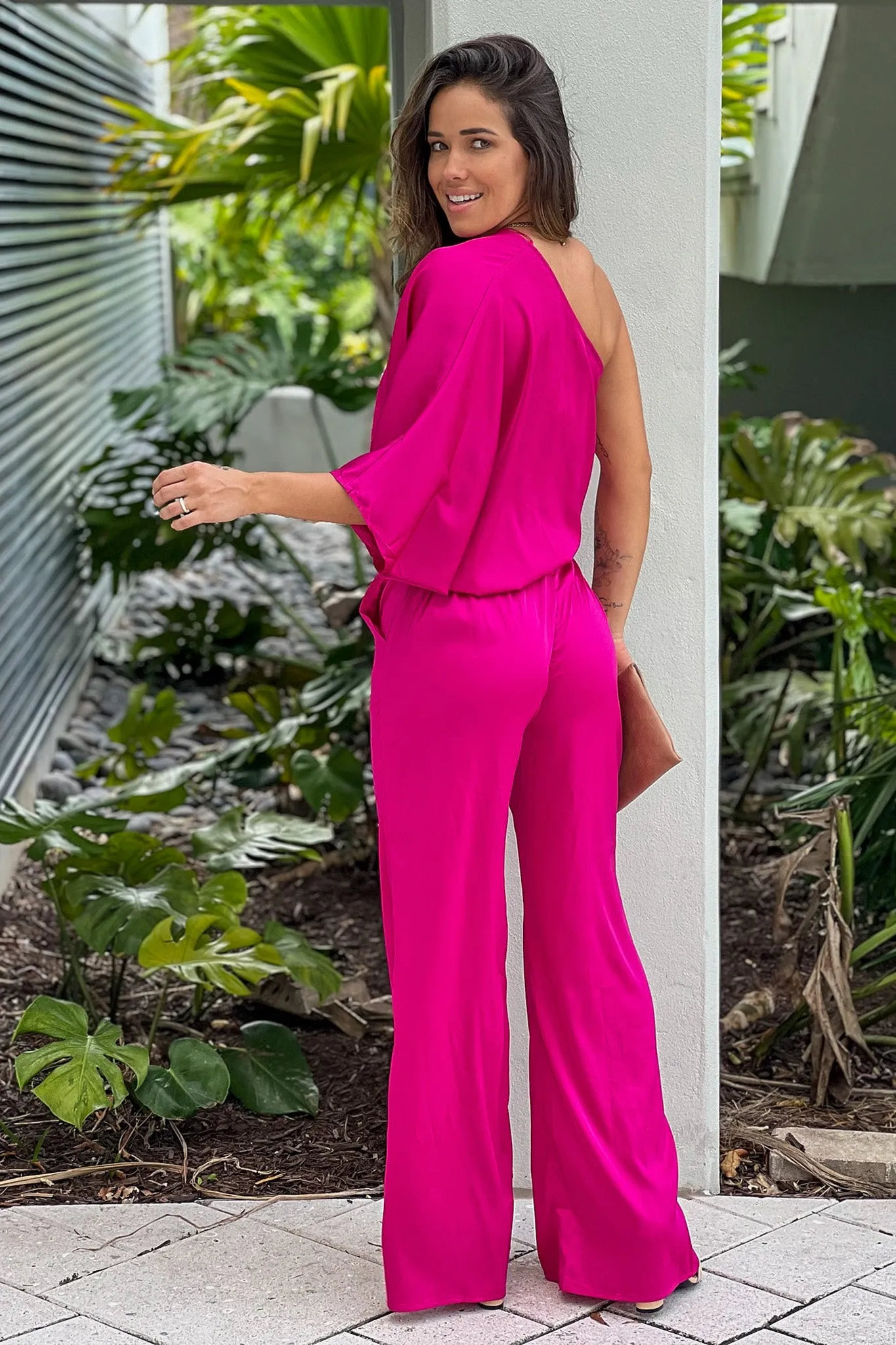 Magenta One Shoulder Satin Top And Pants Set