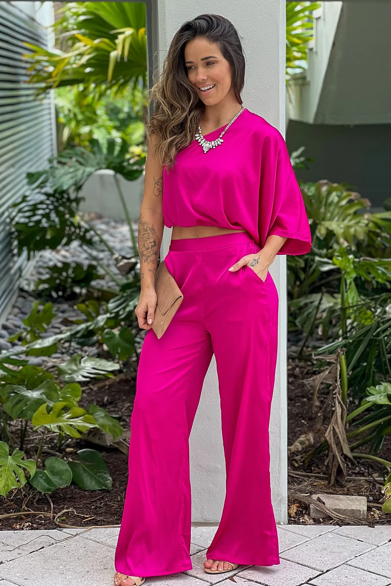 Magenta One Shoulder Satin Top And Pants Set