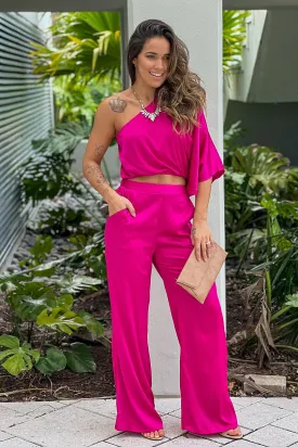 Magenta One Shoulder Satin Top And Pants Set