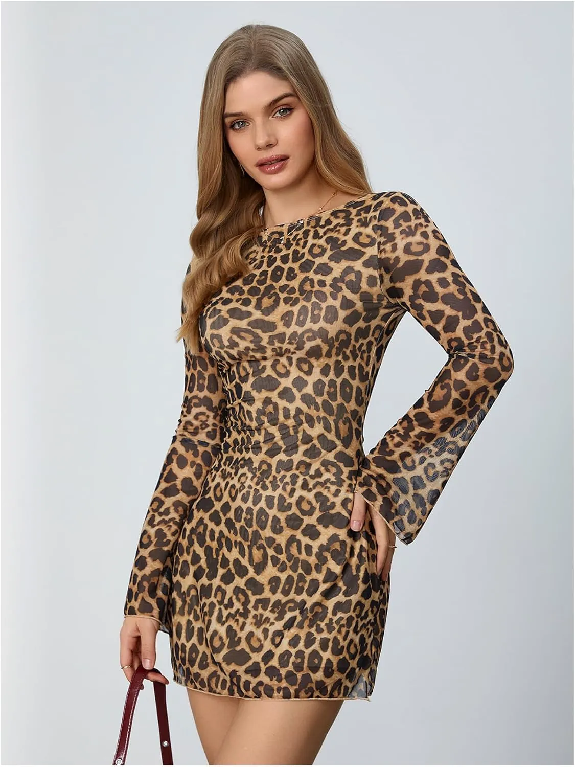 MakeMeChic Women's Leopard Print Dress Y2k Backless Mesh Bell Sleeve Mini Cheetah Print Dress