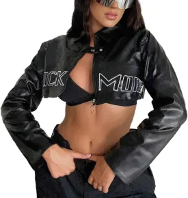 Mandonce Leather Jacket Women Zip up Cropped Jacket Motorcycle Jacket Y2K Bomber Jacket Streetwear Trench Coat for Women