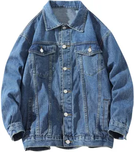 Mens Casual Stylish Denim Jackets Button Down Lapel Long Sleeve Jean Jacket Loose Antique Washed Trucker Coats