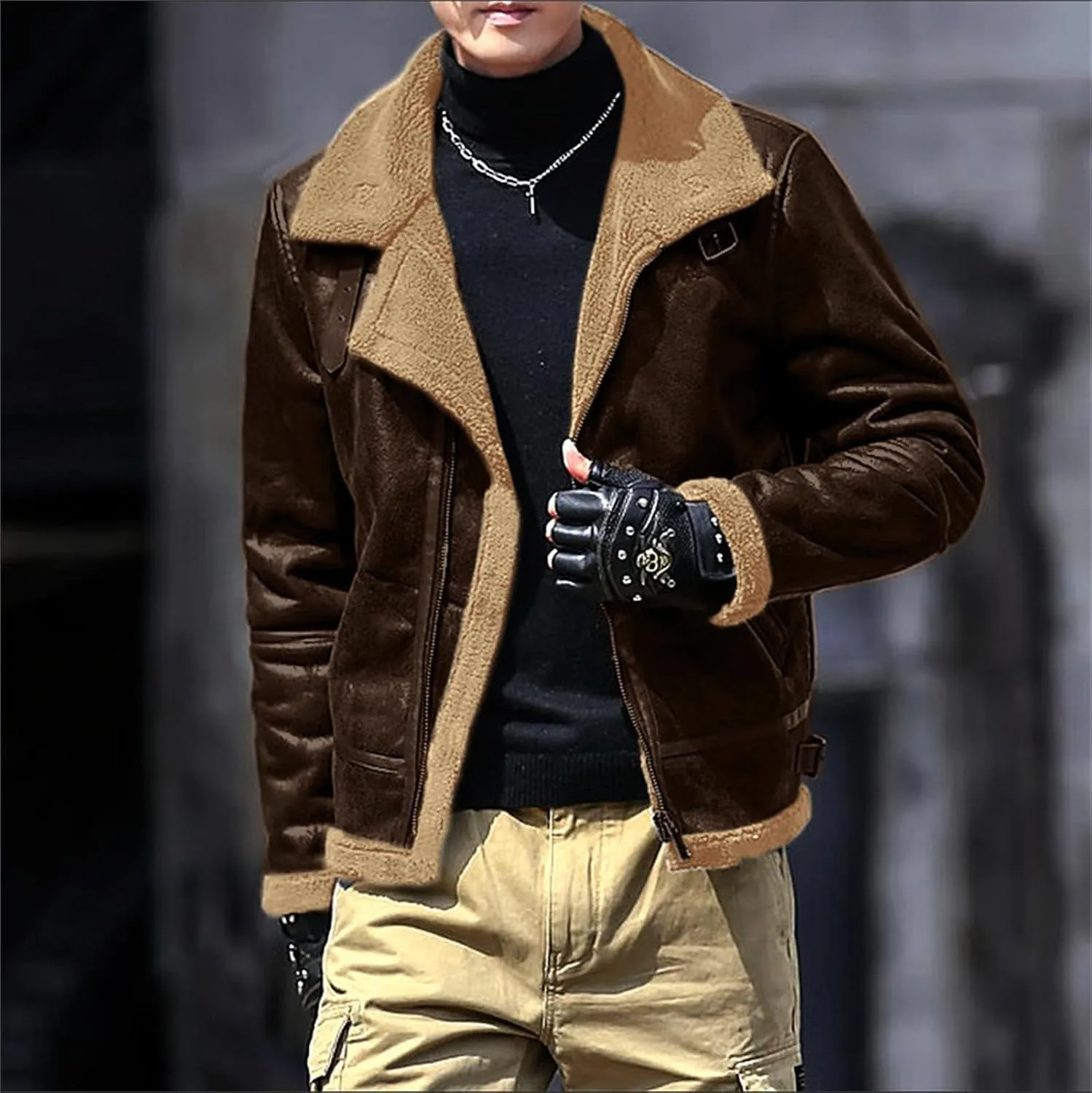 Men's Faux Leather Bomber Jacket Fleece Lined Motorcycle Jacket Vintage Suede Jackets Waterproof Windproof Moto Coat