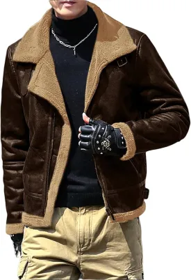 Men's Faux Leather Bomber Jacket Fleece Lined Motorcycle Jacket Vintage Suede Jackets Waterproof Windproof Moto Coat