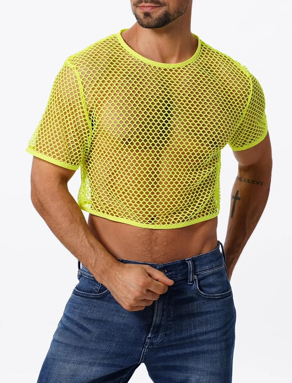 Men's Fishnet Shirts Sheer Short Sleeve Crop Top Mesh Tank Tops Rave Going Out Dance Tops
