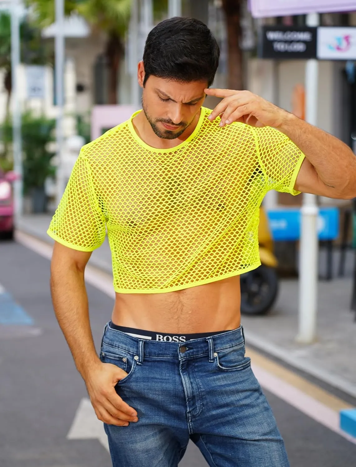Men's Fishnet Shirts Sheer Short Sleeve Crop Top Mesh Tank Tops Rave Going Out Dance Tops