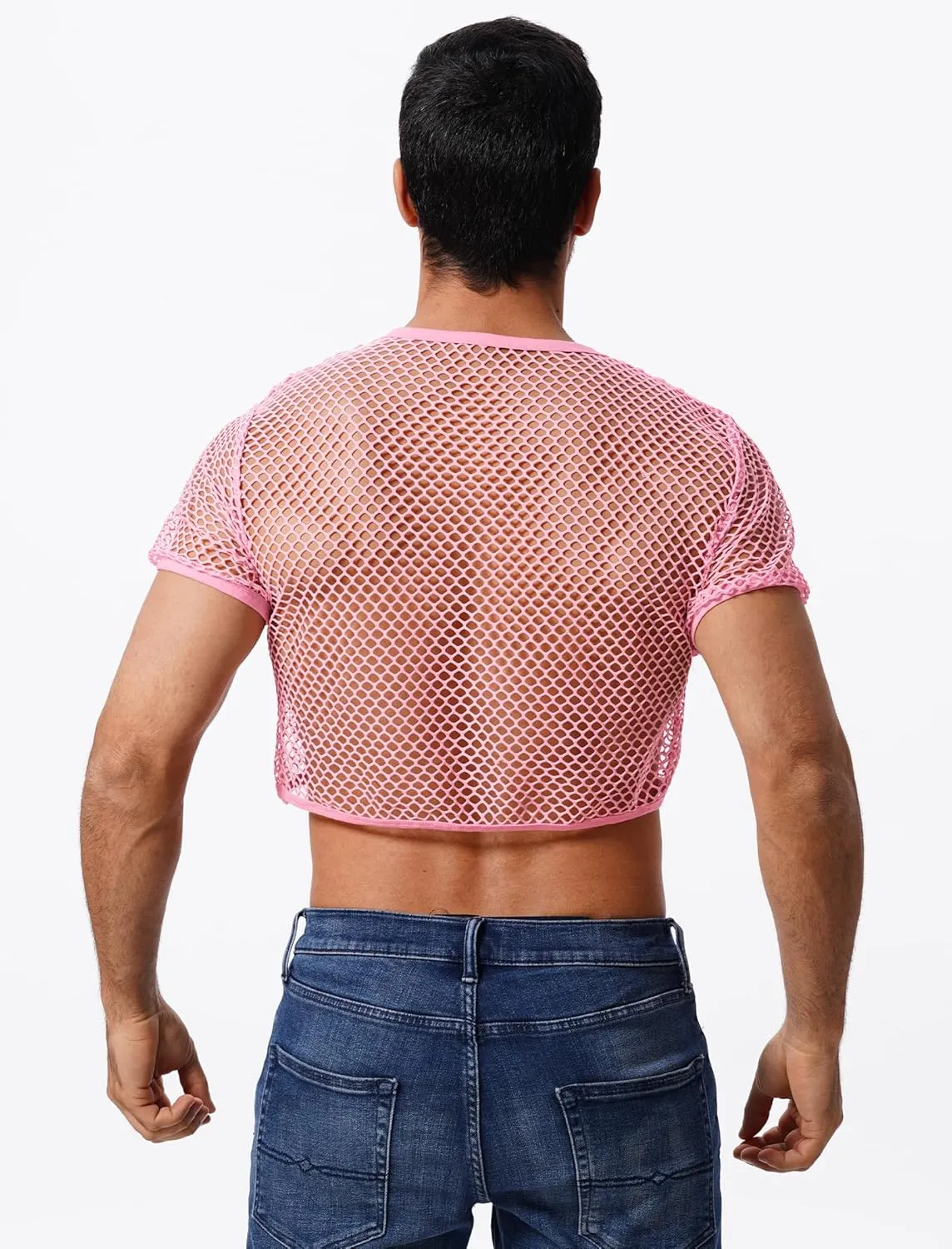 Men's Fishnet Shirts Sheer Short Sleeve Crop Top Mesh Tank Tops Rave Going Out Dance Tops