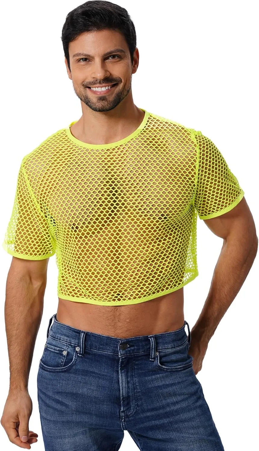 Men's Fishnet Shirts Sheer Short Sleeve Crop Top Mesh Tank Tops Rave Going Out Dance Tops