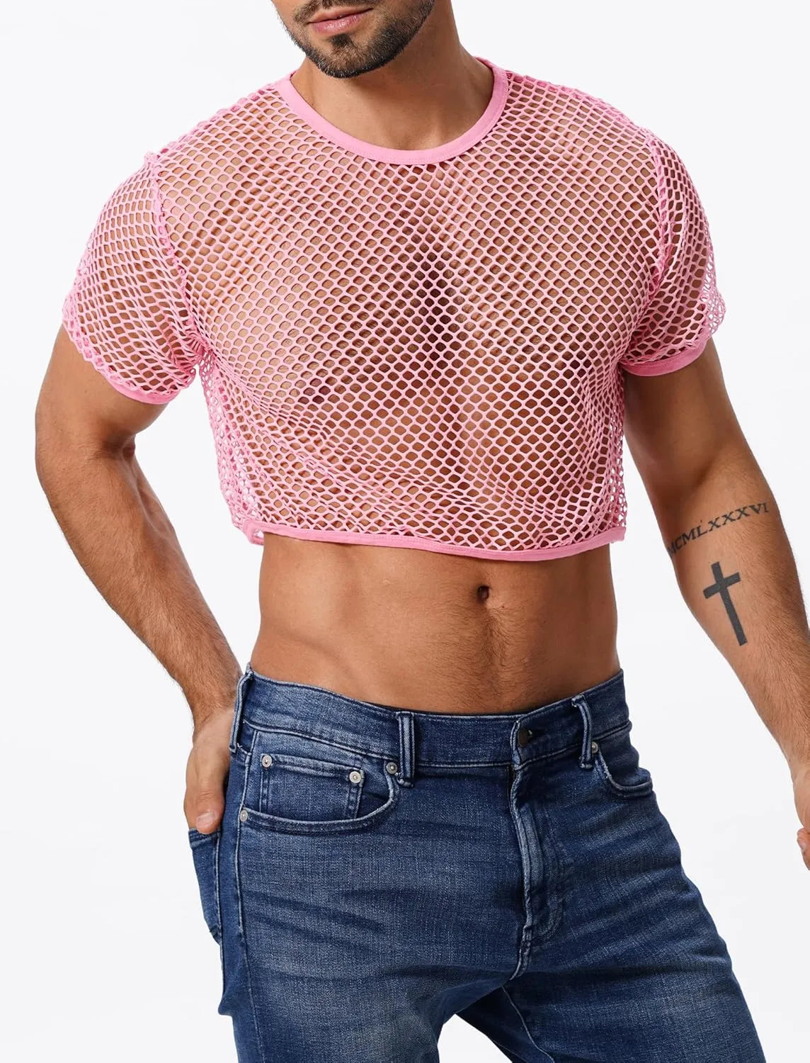 Men's Fishnet Shirts Sheer Short Sleeve Crop Top Mesh Tank Tops Rave Going Out Dance Tops