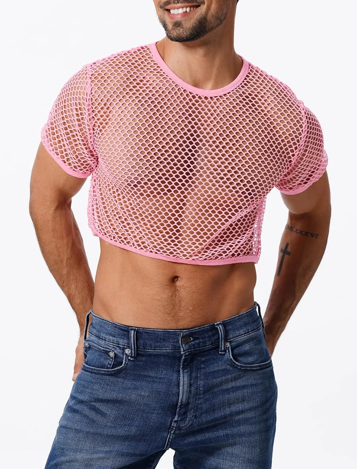 Men's Fishnet Shirts Sheer Short Sleeve Crop Top Mesh Tank Tops Rave Going Out Dance Tops