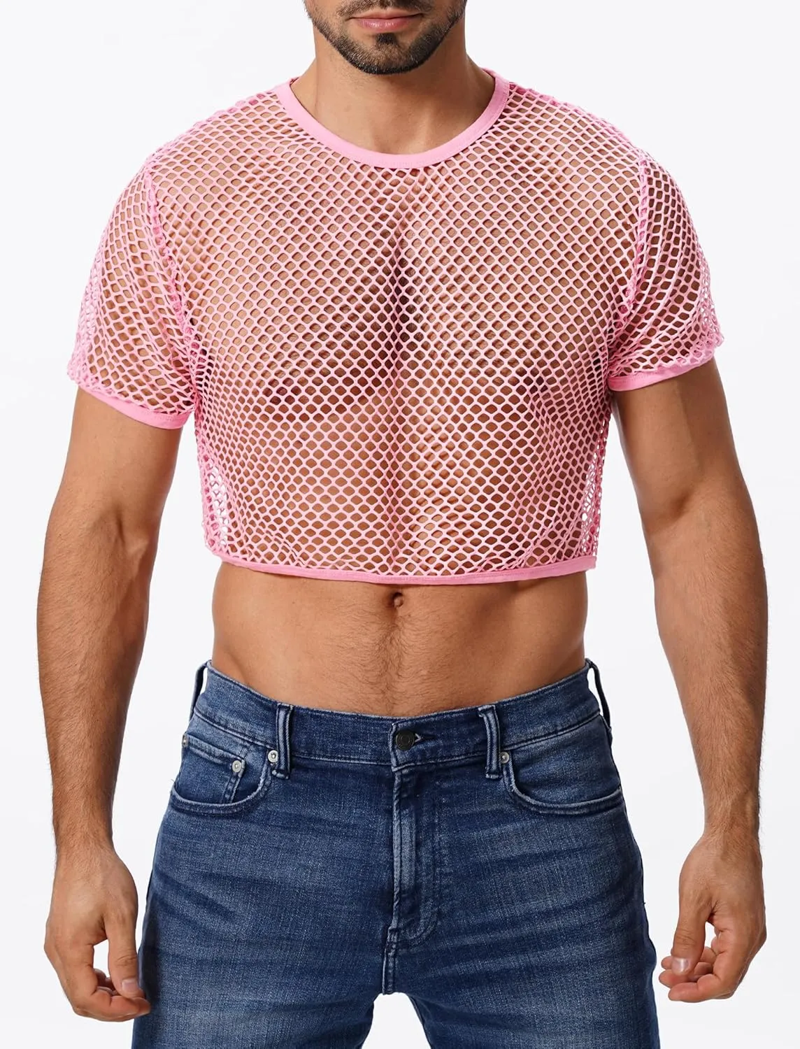 Men's Fishnet Shirts Sheer Short Sleeve Crop Top Mesh Tank Tops Rave Going Out Dance Tops