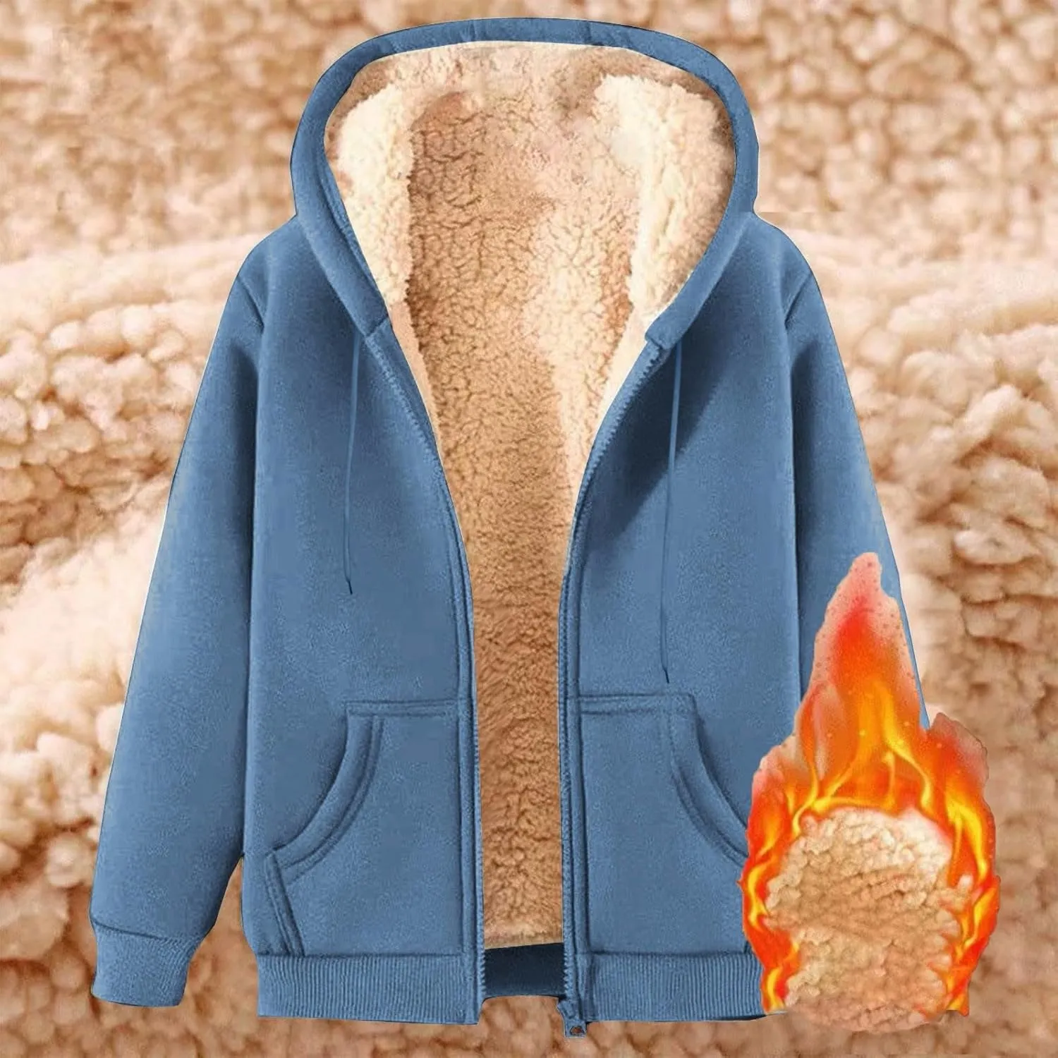 Mens Hooded Fleece Lined Thicken Sweatshirt Jackets Fuzzy Loose Sport Coat Full Zipper Solid Jacket with Pockets