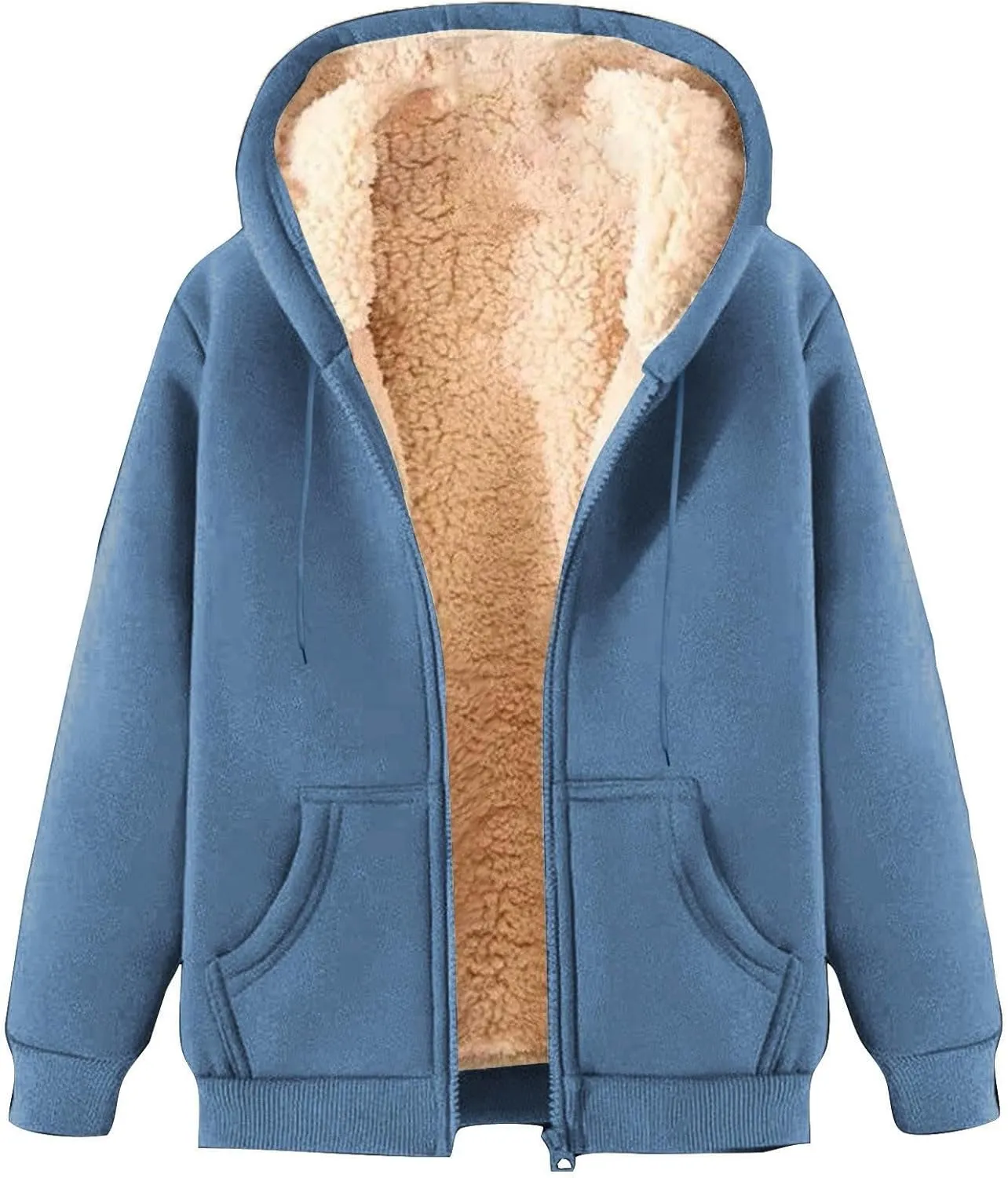Mens Hooded Fleece Lined Thicken Sweatshirt Jackets Fuzzy Loose Sport Coat Full Zipper Solid Jacket with Pockets