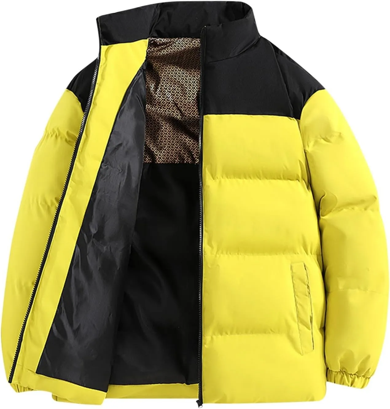 Men's Puffer Jacket Stand Collar Quilted Coat Plus Size Down Jacket Zip up Padded Coat Warm Winter Jacket with Pockets