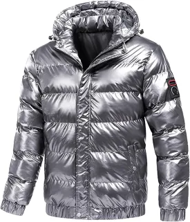 Mens Shiny Puffer Jacket Hooded Down Quilted Insulated Jacket Zip up Padded Coat Glossy Winter Coat Warm Outwear
