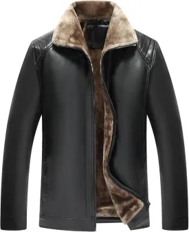 Men's Winter Leather Jacket, Fleece Lined, Warm PU Biker Coat, Slim Fit Fur Collar Motorcycle Jacket