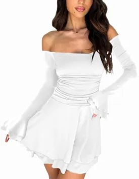 MiiVoo Women's Long Sleeve Tube Dress Sexy Off Shoulder Ruffle Tiered Flowy Bodycon Mini Dresses