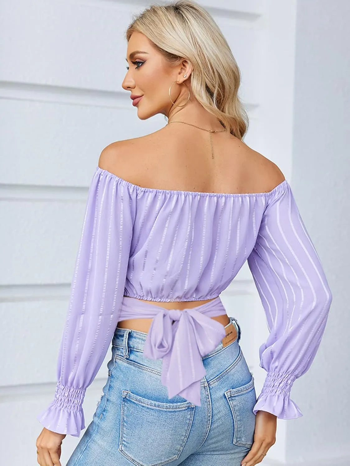 MIRACMODA Woman Off Shoulder Ruched Tie Back Lantern Sleeve Crop Tube Top Chiffon Blouse