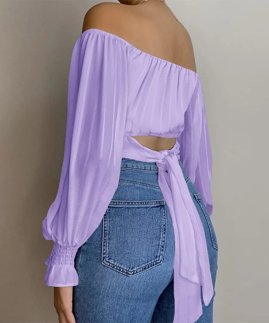 MIRACMODA Woman Off Shoulder Ruched Tie Back Lantern Sleeve Crop Tube Top Chiffon Blouse