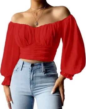 MIRACMODA Woman Off Shoulder Ruched Tie Back Lantern Sleeve Crop Tube Top Chiffon Blouse