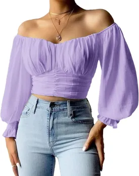 MIRACMODA Woman Off Shoulder Ruched Tie Back Lantern Sleeve Crop Tube Top Chiffon Blouse
