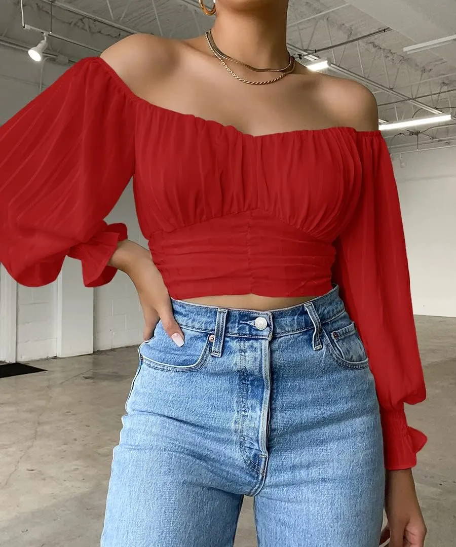 MIRACMODA Woman Off Shoulder Ruched Tie Back Lantern Sleeve Crop Tube Top Chiffon Blouse