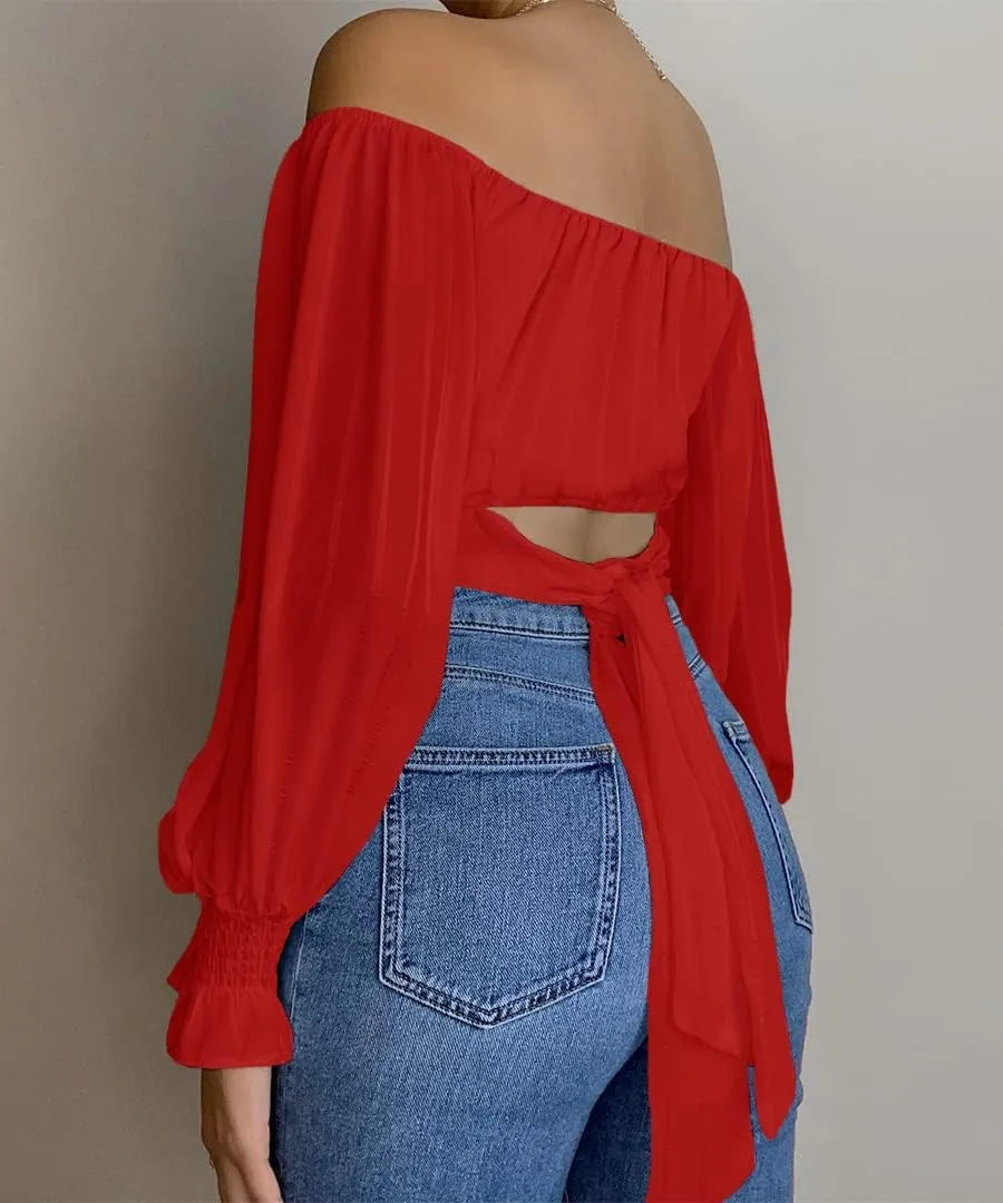 MIRACMODA Woman Off Shoulder Ruched Tie Back Lantern Sleeve Crop Tube Top Chiffon Blouse