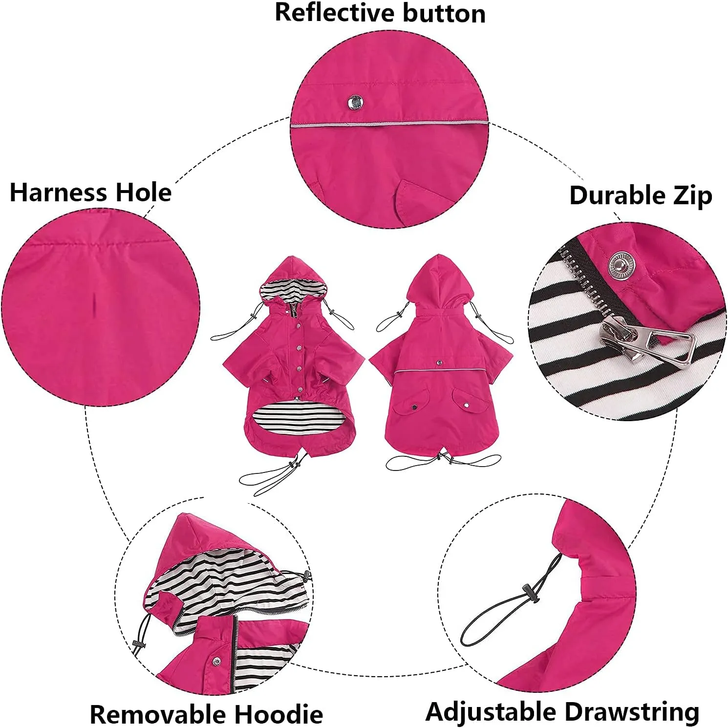 Morezi Dog Zip Up Raincoat with Reflective Buttons, Rain/Water Resistant, Adjustable Drawstring, Removable Hood, Raincoats with Legs 8lbs to 80lbs Available - Pink - M