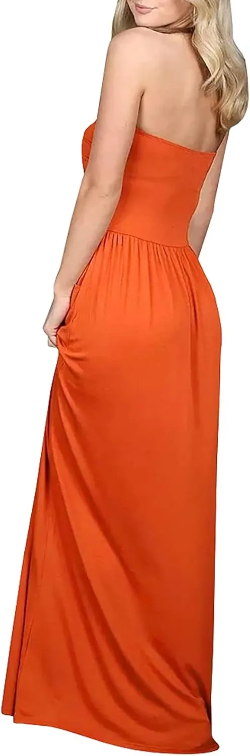 Ofenbuy Womens Off The Shoulder Maxi Dresses Summer Strapless Bandeau Long Dress with Pockets