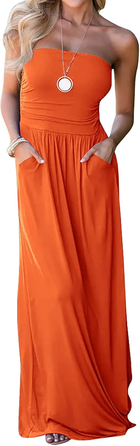 Ofenbuy Womens Off The Shoulder Maxi Dresses Summer Strapless Bandeau Long Dress with Pockets
